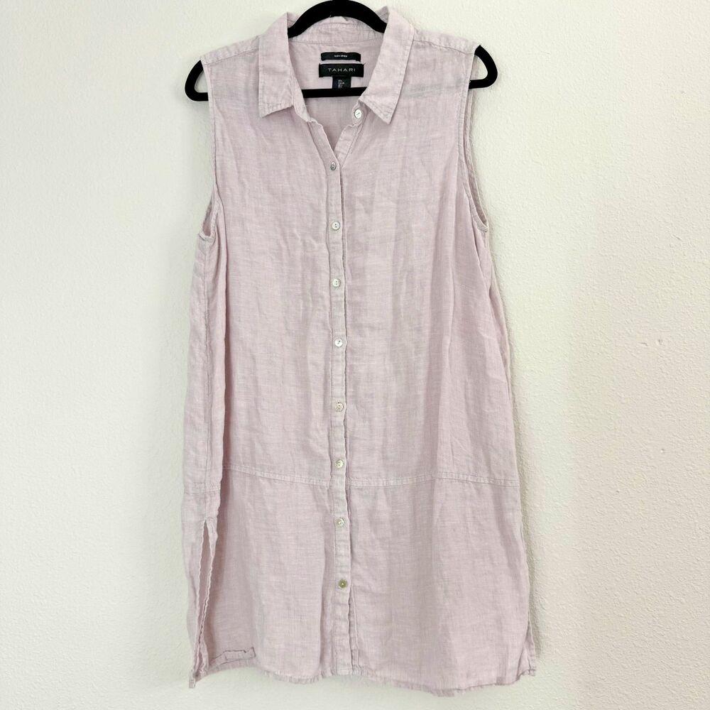 Tahari Tunic Top Womens Large Linen Sleeveless Collared Button Beach Coastal